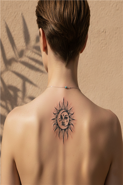 Güneş ve Ay (Sun & Moon) Yarı Kalıcı Dövme / 1 Ay Kalıcı - Gökyüzü ve Denge Temalı Sırt Geçici Dövme