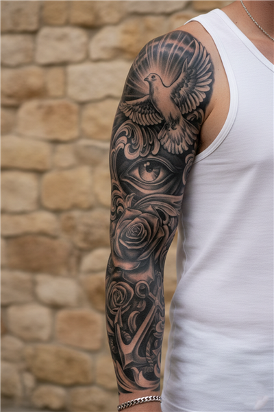 Güvercin, Göz ve Çapa Motifli Tam Kol Kaplama Tattoo - Yarı Kalıcı / 1 Ay Kalıcı
