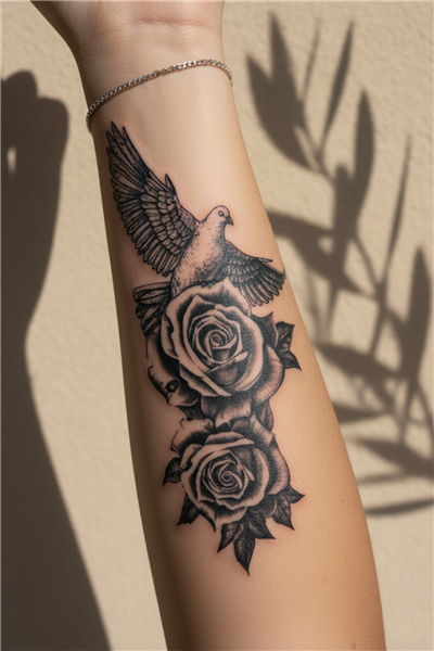 Güvercin ve Çifte Gül Dövmesi - Yarı Kalıcı / 1 Ay Kalıcı Tattoo