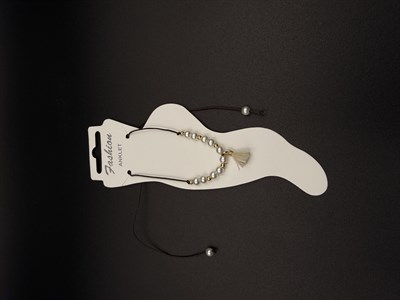  İncili Püsküllü Halhal Kahverengi İpli Gold Detaylı Ayarlanabilir Anklet