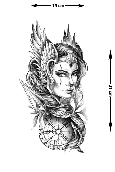 Kanatlı Valkyrie Geçici Dövme | Gerçekçi Vegvisir Detaylı Savaşçı Kadın Dövmesi