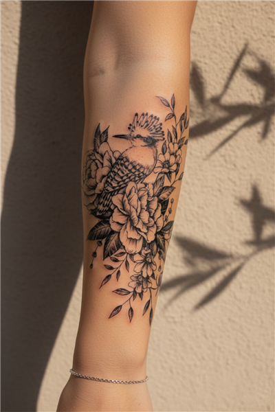 İbibik Kuşu ve Şakayık Çiçekli Dövme - Yarı Kalıcı / 1 Ay Kalıcı Tattoo