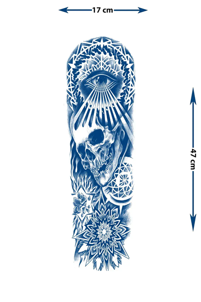Işıklı Göz, Kurukafa ve Mandala Motifli Tam Kol Kaplama Tattoo - Yarı Kalıcı / 1 Ay Kalıcı