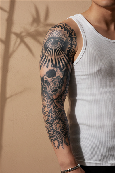 Işıklı Göz, Kurukafa ve Mandala Motifli Tam Kol Kaplama Tattoo - Yarı Kalıcı / 1 Ay Kalıcı