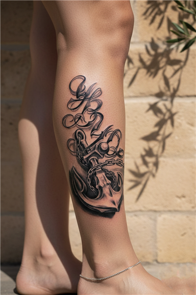 Kaligrafik Harf Detaylı Zincirli Çapa Dövmesi - Yarı Kalıcı / 1 Ay Kalıcı Tattoo
