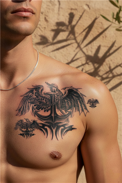 Kanatlı Çapa ve Tribal Göğüs Dövmesi - Yarı Kalıcı / 1 Ay Kalıcı Tattoo