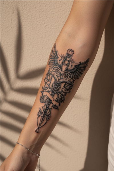 Kanatlı Kılıç ve Elmas Detaylı Gül Dövmesi - Yarı Kalıcı / 1 Ay Kalıcı Tattoo
