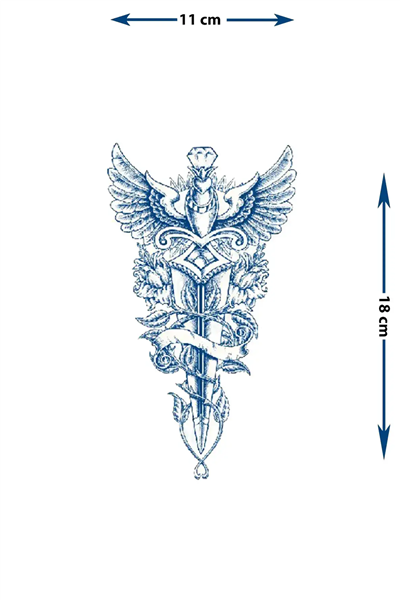 Kanatlı Kılıç ve Elmas Detaylı Gül Dövmesi - Yarı Kalıcı / 1 Ay Kalıcı Tattoo