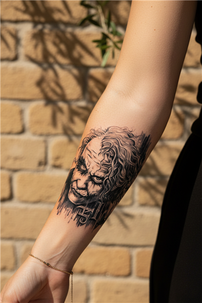 Kaotik Joker Portresi ve Gotik Yazı Detaylı Sanatsal Tattoo - Yarı Kalıcı / 1 Ay Kalıcı