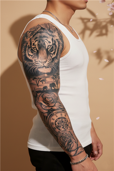 Kaplan, Fil Safarisi ve Saat Motifli Tam Kol Kaplama Tattoo - Yarı Kalıcı / 1 Ay Kalıcı