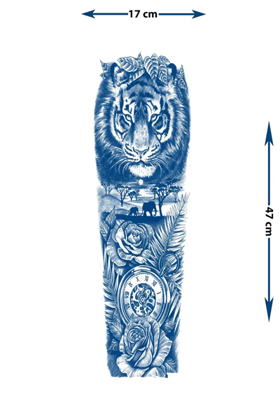 Kaplan, Fil Safarisi ve Saat Motifli Tam Kol Kaplama Tattoo - Yarı Kalıcı / 1 Ay Kalıcı