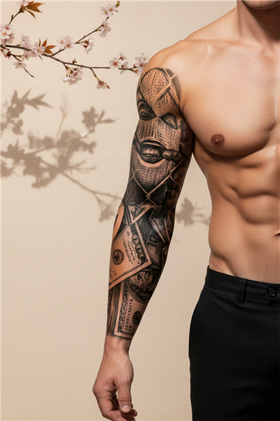 Kar Maskeli Yüz ve Banknot Motifli Tam Kol Kaplama Tattoo - Yarı Kalıcı / 1 Ay Kalıcı