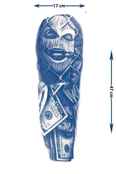 Kar Maskeli Yüz ve Banknot Motifli Tam Kol Kaplama Tattoo - Yarı Kalıcı / 1 Ay Kalıcı