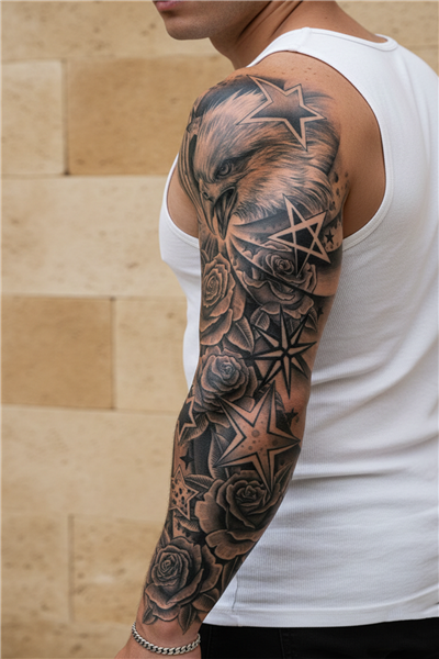 Kartal, Yıldız ve Gül Motifli Tam Kol Kaplama Tattoo - Yarı Kalıcı / 1 Ay Kalıcı