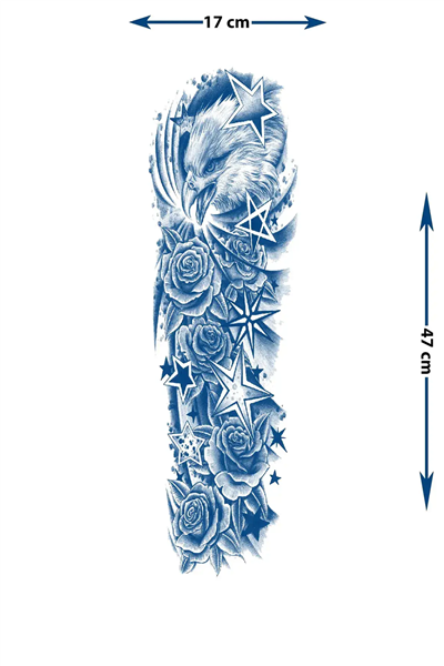 Kartal, Yıldız ve Gül Motifli Tam Kol Kaplama Tattoo - Yarı Kalıcı / 1 Ay Kalıcı