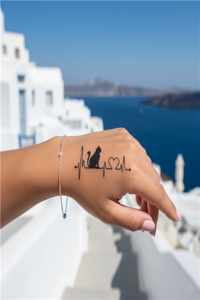 Kedi ve Kalp Atışı (Lifeline) Yarı Kalıcı Dövme / 1 Ay Kalıcı - Kedi Severler İçin Minimalist Geçici Dövme