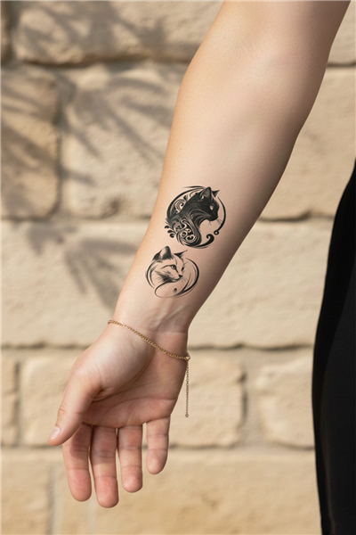 Kedi Yin Yang Yarı Kalıcı Dövme / 1 Ay Kalıcı - Minimalist ve Hayvan Temalı Sanatsal Geçici Dövme