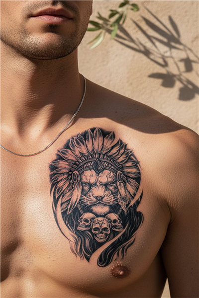 Kızılderili Başlıklı Aslan ve Kurukafa Detaylı Sanatsal Tattoo - Yarı Kalıcı / 1 Ay Kalıcı