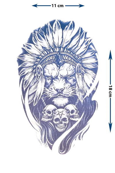 Kızılderili Başlıklı Aslan ve Kurukafa Detaylı Sanatsal Tattoo - Yarı Kalıcı / 1 Ay Kalıcı