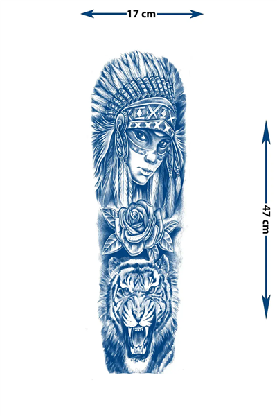 Kızılderili Kadın, Kaplan ve Gül Motifli Tam Kol Kaplama Tattoo - Yarı Kalıcı / 1 Ay Kalıcı