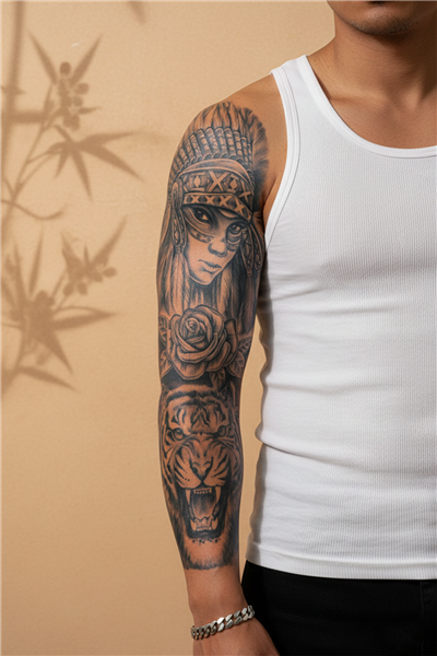Kızılderili Kadın, Kaplan ve Gül Motifli Tam Kol Kaplama Tattoo - Yarı Kalıcı / 1 Ay Kalıcı
