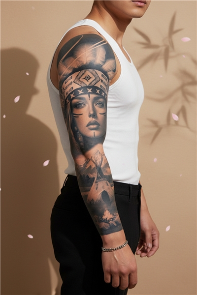 Kızılderili Kadın ve Çadır Motifli Tam Kol Kaplama Tattoo - Yarı Kalıcı / 1 Ay Kalıcı