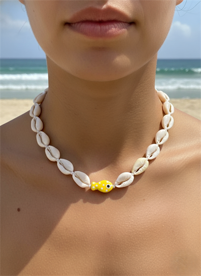 Doğal Deniz Kabuğu Kolye Balık Figürlü Nazar Boncuklu Choker Bohem Kolye