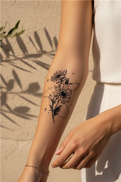 Kozmik Ayçiçeği ve Yıldız Detaylı Sanatsal Floral Tattoo - Yarı Kalıcı / 1 Ay Kalıcı