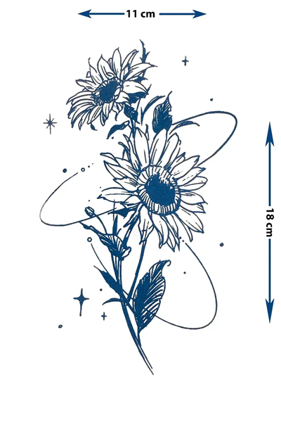 Kozmik Ayçiçeği ve Yıldız Detaylı Sanatsal Floral Tattoo - Yarı Kalıcı / 1 Ay Kalıcı