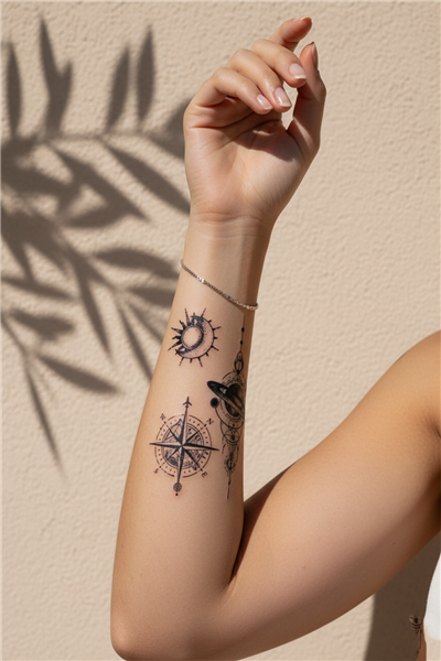 Kozmik Pusula ve Gezegen Karma Dövme - Yarı Kalıcı / 1 Ay Kalıcı Tattoo