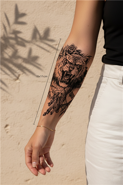 Kükreyen Kaplan, Estetik Gül ve Roma Rakamlı Sanatsal Tattoo - Yarı Kalıcı / 1 Ay Kalıcı