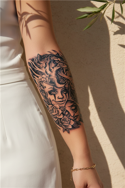 Kükreyen Kaplan ve Dramatik Maske Detaylı Sanatsal Tattoo - Yarı Kalıcı / 1 Ay Kalıcı