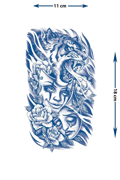 Kükreyen Kaplan ve Dramatik Maske Detaylı Sanatsal Tattoo - Yarı Kalıcı / 1 Ay Kalıcı