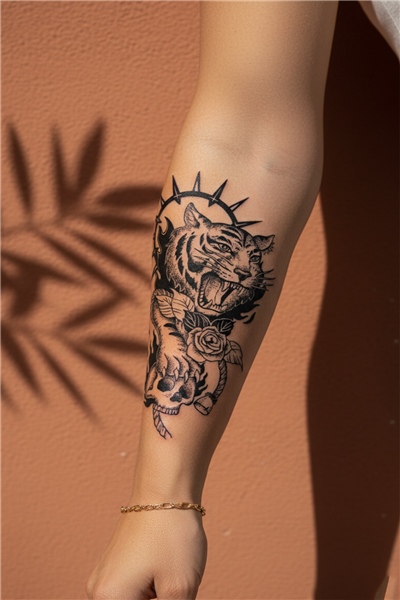 Kükreyen Kaplan ve Mistik Kafatası Tasarımlı Görkemli Yarı Kalıcı Dövme - 1 Ay Kalıcı