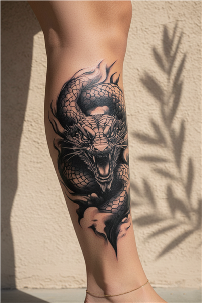 Kükreyen Mitolojik Ejderha ve Alev Efektli Sanatsal Tattoo - Yarı Kalıcı / 1 Ay Kalıcı