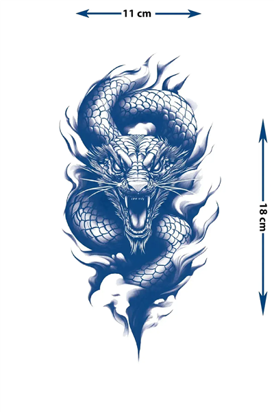 Kükreyen Mitolojik Ejderha ve Alev Efektli Sanatsal Tattoo - Yarı Kalıcı / 1 Ay Kalıcı
