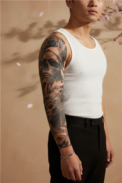 Kurukafa, Antik Kadın ve Gül Motifli Tam Kol Kaplama Tattoo - Yarı Kalıcı / 1 Ay Kalıcı