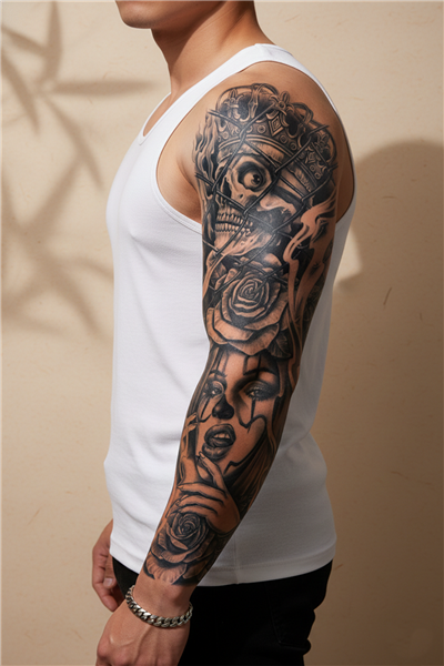 Kurukafa, Kadın Figürü ve Gül Motifli Tam Kol Kaplama Tattoo - Yarı Kalıcı / 1 Ay Kalıcı