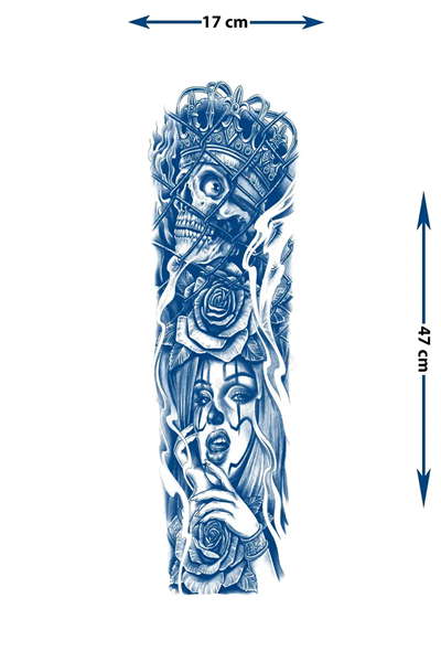 Kurukafa, Kadın Figürü ve Gül Motifli Tam Kol Kaplama Tattoo - Yarı Kalıcı / 1 Ay Kalıcı