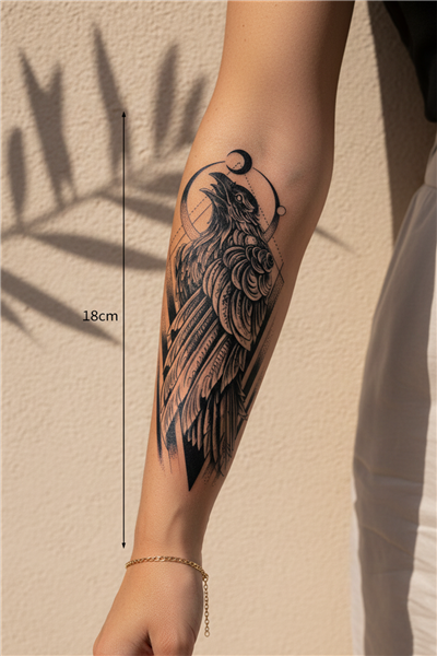 Kuzgun Figürlü Ay ve Geometrik Detaylı Sanatsal Tattoo - Yarı Kalıcı / 1 Ay Kalıcı