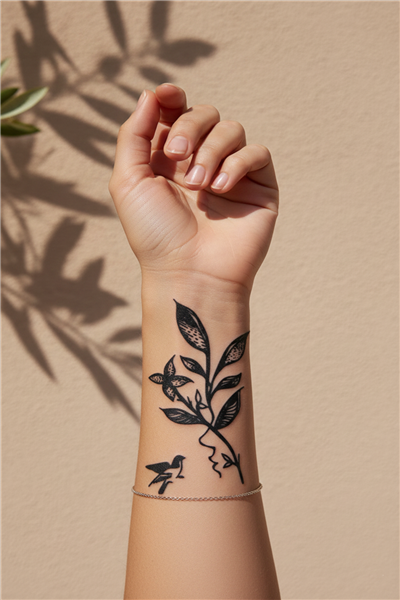 Line Art Silüet ve Özgür Kuş Figürlü Sanatsal Tasarım Dövme - 1 Ay Kalıcı / Yarı Kalıcı