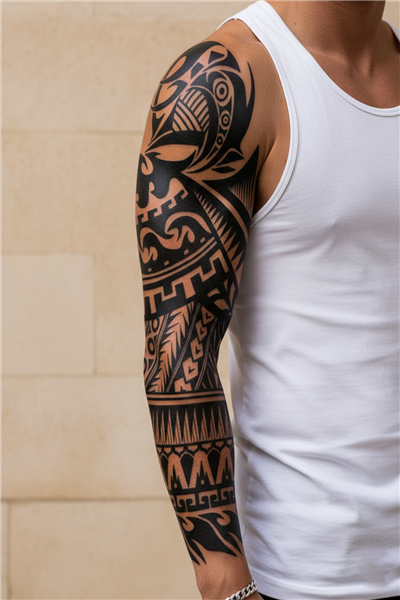 Maori ve Tribal Stil Kalın Siyah Desenli Tam Kol Kaplama Dövme - Yarı Kalıcı / 1 Ay Kalıcı