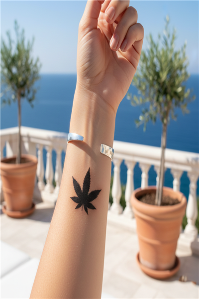 Marihuana Yaprağı Figürlü Yarı Kalıcı Dövme / 1 Ay Kalıcı - Minimalist ve Doğal Temalı Geçici Dövme
