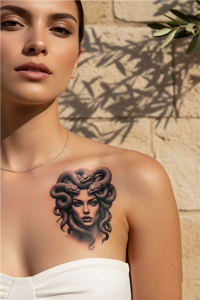 Medusa Dövmesi – Mitolojik Güç ve Gizem Tasarımı 1 Ay Kalıcı & Yarı Kalıcı Dövme