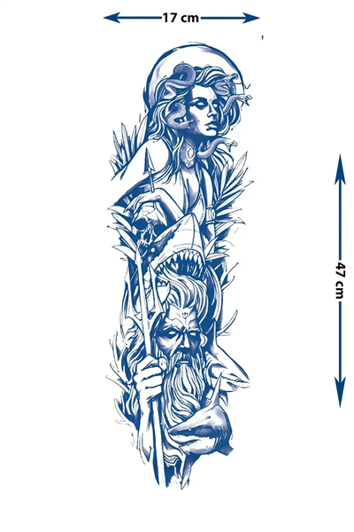 Medusa, Poseidon ve Köpekbalığı Motifli Tam Bacak Kaplama Tattoo - Yarı Kalıcı / 1 Ay Kalıcı