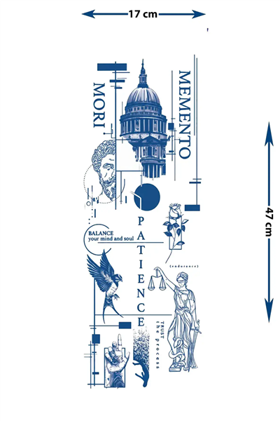 Memento Mori Yazılı, Michelangelo Eller ve Katedral Motifli Kol Kaplama Tattoo - Yarı Kalıcı / 1 Ay Kalıcı