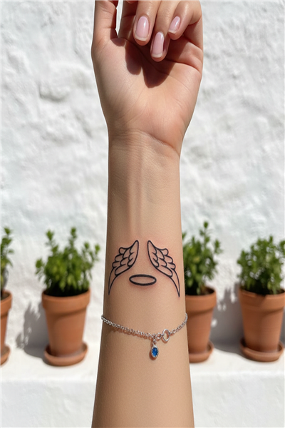Minimalist Melek Kanatları ve Hale Yarı Kalıcı Dövme / 1 Ay Kalıcı - Spiritüel ve Koruyucu Temalı Geçici Dövme