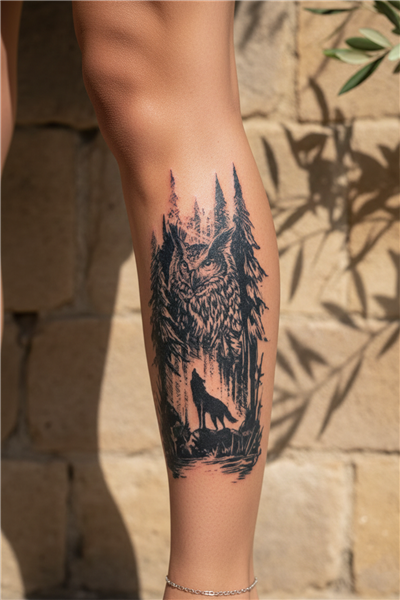 Mistik Baykuş ve Orman Kurdu Dövmesi - Yarı Kalıcı / 1 Ay Kalıcı Tattoo