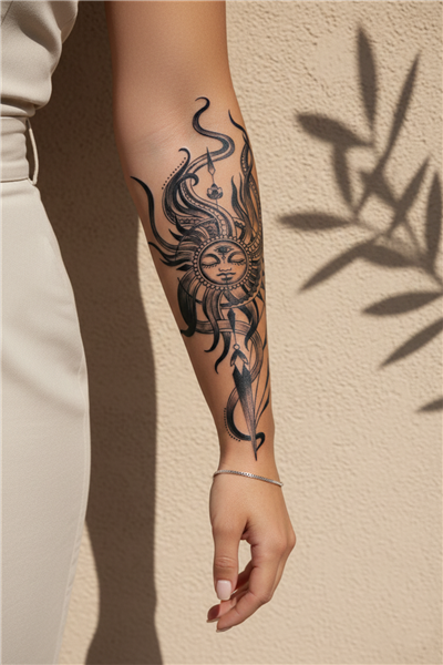Mistik Güneş ve Üçüncü Göz Temalı Sanatsal Tattoo - Yarı Kalıcı / 1 Ay Kalıcı