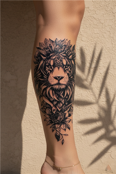 Mistik Taçlı Aslan ve Lotus Çiçeği Detaylı Sanatsal Tattoo - Yarı Kalıcı / 1 Ay Kalıcı